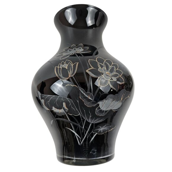 Black Painted Glass Vase Etched Lotus Floral Gold Detail Asian Art Style 10in - Picture 1 of 10